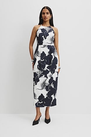 Organically Grown Cotton Print Apron Detail Midi Dress