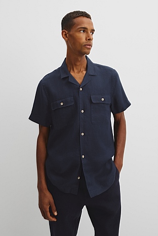Short Sleeve Double Pocket Textured Linen Shirt