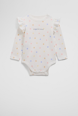 Organically Grown Cotton Frill Long Sleeve Logo Bodysuit