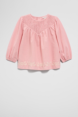 Long Sleeve Shirred Blouse