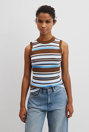 Chocolate Stripe Australian Merino Crew Neck Stripe Knit Tank