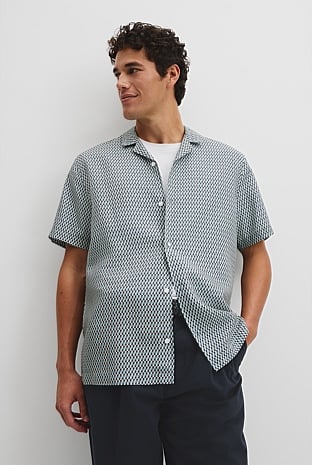 Short Sleeve Tencel Linen Geometric Print Shirt