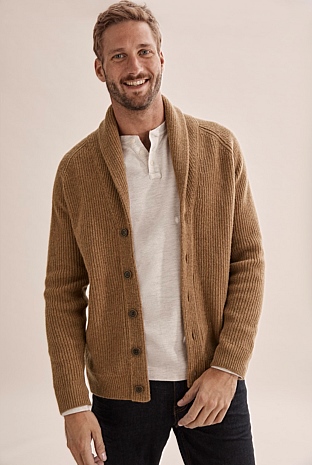 Camel Lambswool Rib Shawl Cardigan - Natural Fibres | Country Road