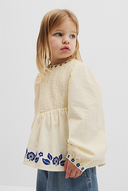 Long Sleeve Embroidered Shirred Blouse