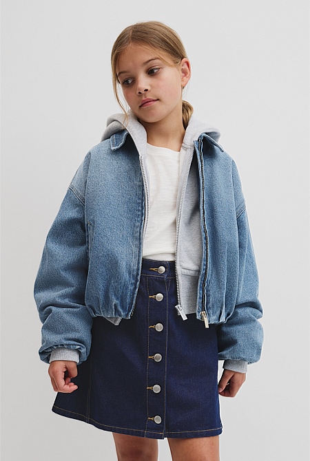 Teen Denim Pleated Bomber