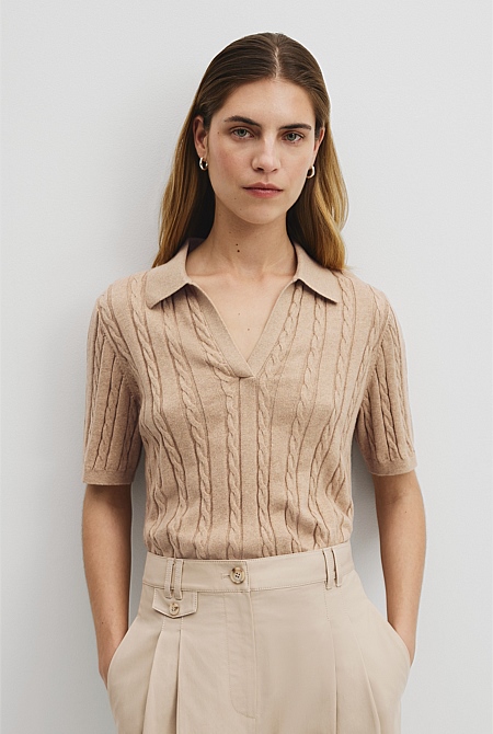 Organically Grown Cotton Blend Cable Polo Knit