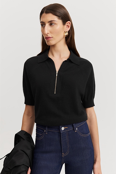 GCS-certified Cashmere Blend Zip-Through Knit Polo