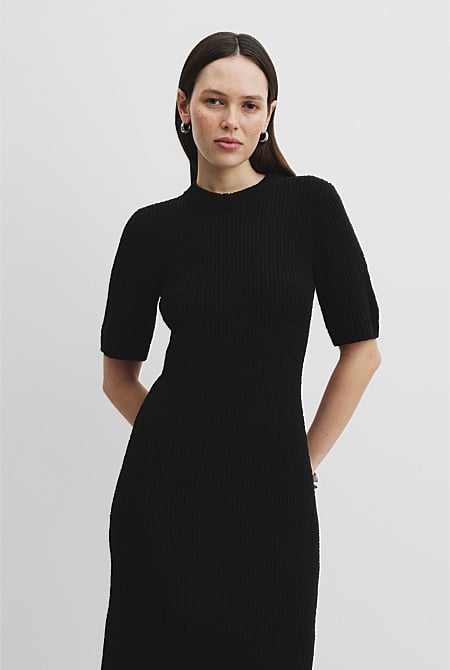 Organically Grown Cotton Blend Boucle Knit Midi Dress