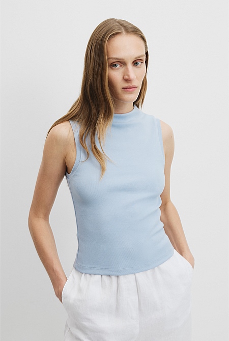 Australian Cotton Blend Mock Neck Rib Tank