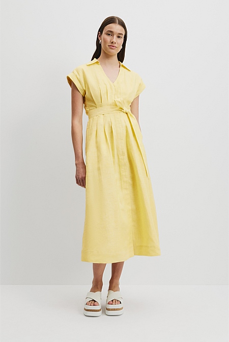 Organically Grown Linen Tuck Detail Midi Dress