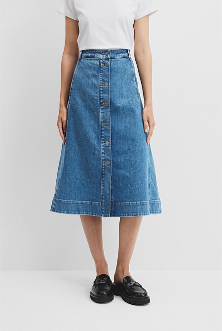 A-Line Denim Midi Skirt