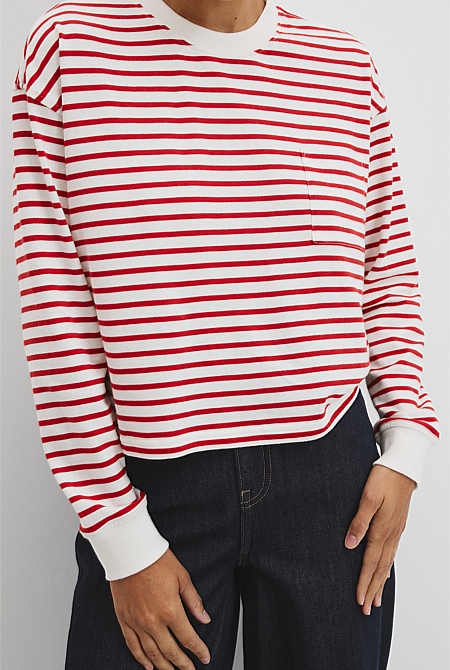 Australian Cotton Long Sleeve Crop Stripe T-Shirt