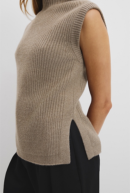 Organically Grown Cotton Blend Roll Neck Knit Vest