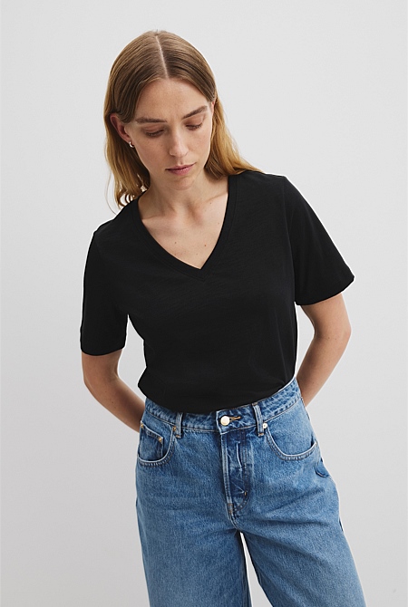 Australian Good Earth Cotton Short Sleeve V-Neck T-Shirt