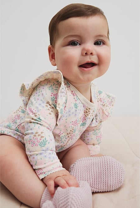 Organically Grown Cotton Blend Frill Long Sleeve Logo Bodysuit