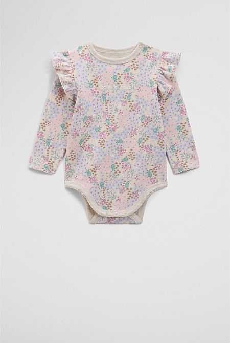 Organically Grown Cotton Blend Frill Long Sleeve Logo Bodysuit
