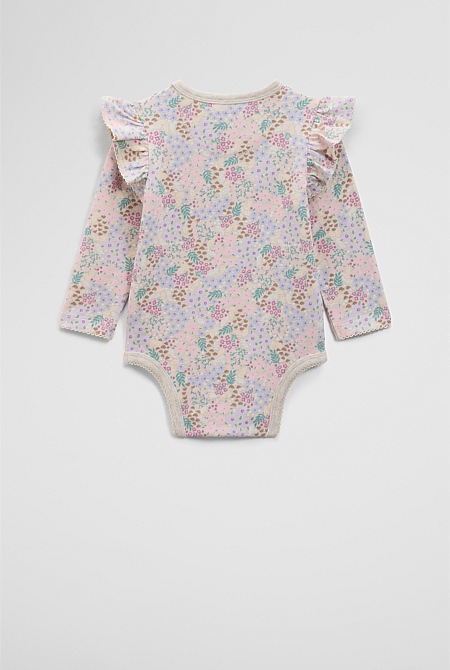 Organically Grown Cotton Blend Frill Long Sleeve Logo Bodysuit