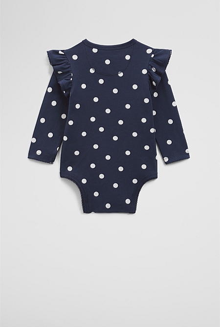 Organically Grown Cotton Blend Frill Long Sleeve Logo Bodysuit