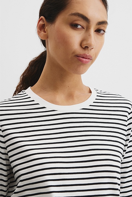 Australian Good Earth Cotton Stripe Textured Slub Long Sleeve T-Shirt