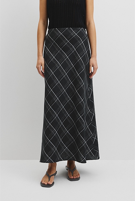 Organically Grown Linen Check Pull-On Midi Skirt Organically Grown Linen Check Pull-On Midi Skirt