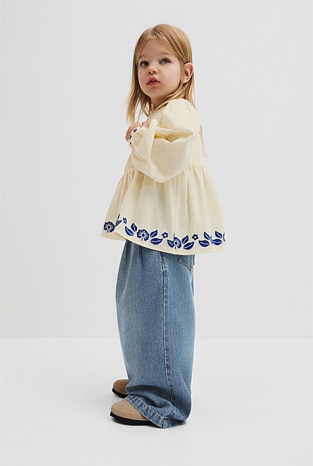 Long Sleeve Embroidered Shirred Blouse