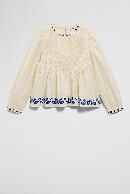 Long Sleeve Embroidered Shirred Blouse