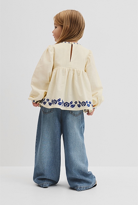 Long Sleeve Embroidered Shirred Blouse