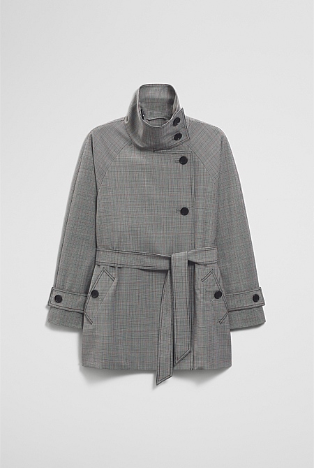 Wool Blend Funnel Check Jacket