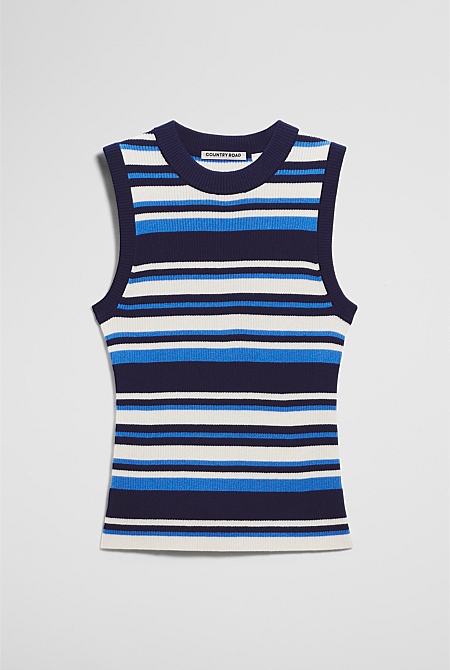 Australian Merino Crew Neck Stripe Knit Tank