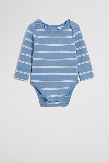 Organically Grown Cotton Stripe Logo Long Sleeve Bodysuit