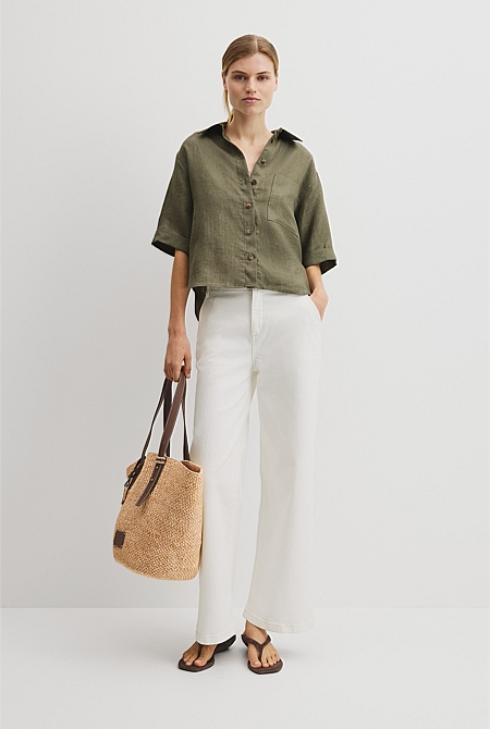 Short Sleeve Crop Linen Shirt