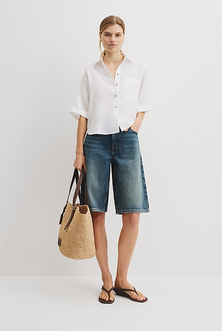 Short Sleeve Crop Linen Shirt