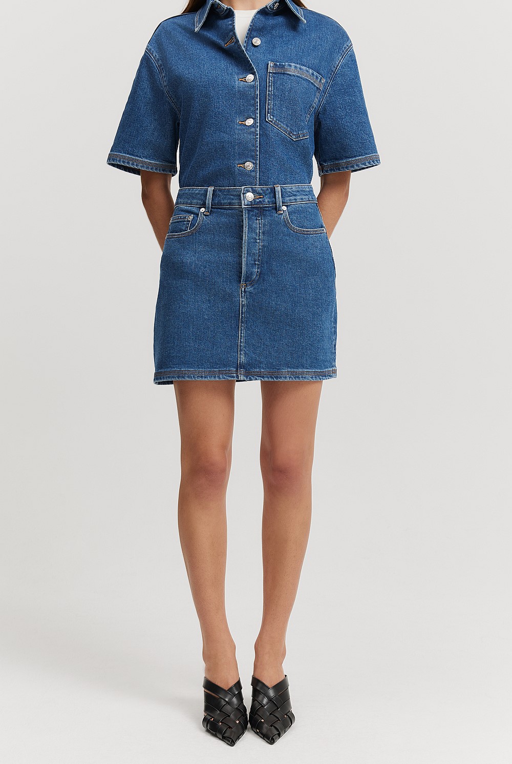 country road denim mini dress Mid Blue Wash Denim Mini Dress - Holiday