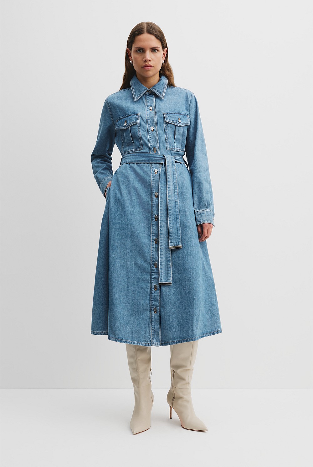 country road denim shirt dress Light Wash Pocket Detail - Natural Fibres its a versatile piece custom homecoming dresses Size:8 US (40 EU) Denim popover dress Mia La La Land