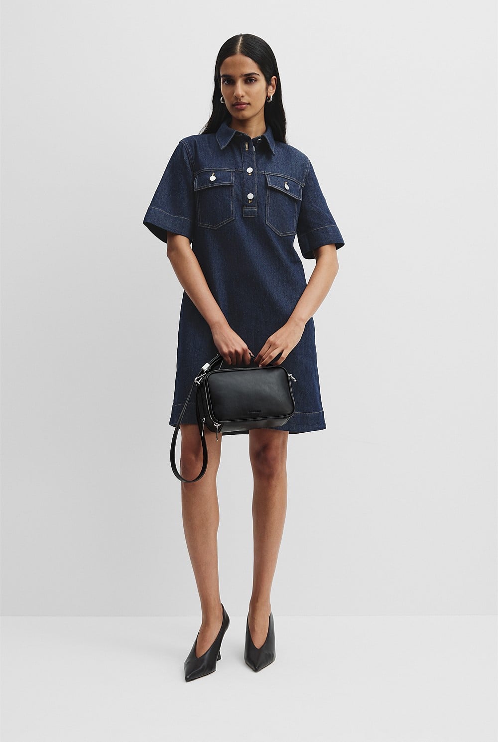 Indigo Rinse Half Placket Denim Dress - Dresses