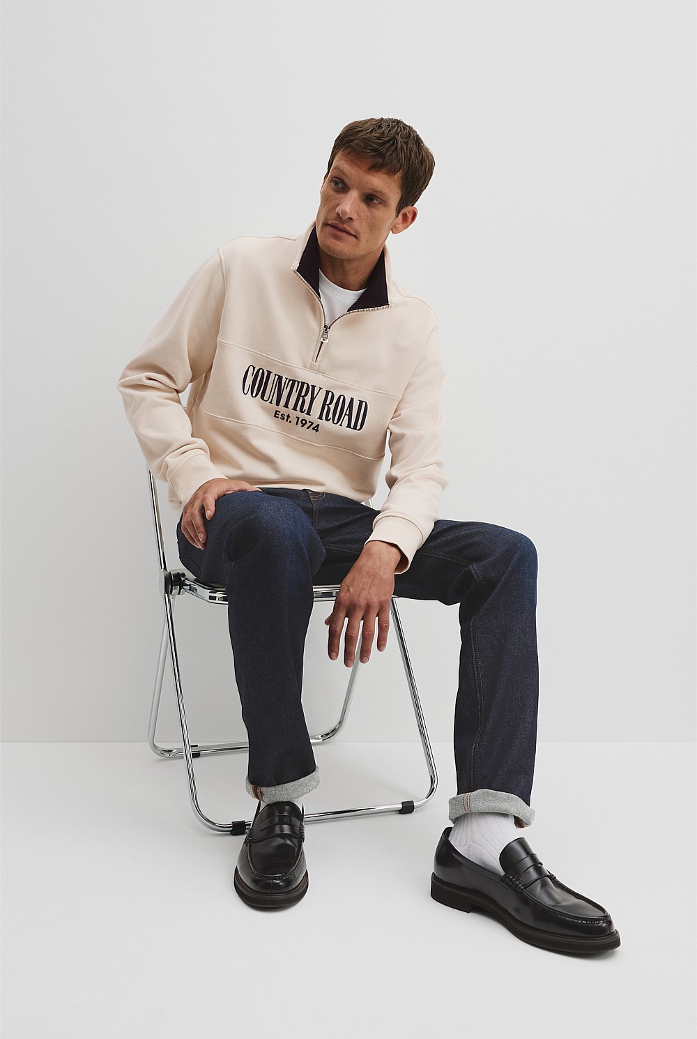 Ecru Australian Cotton Half Zip Heritage Sweat - Supporting