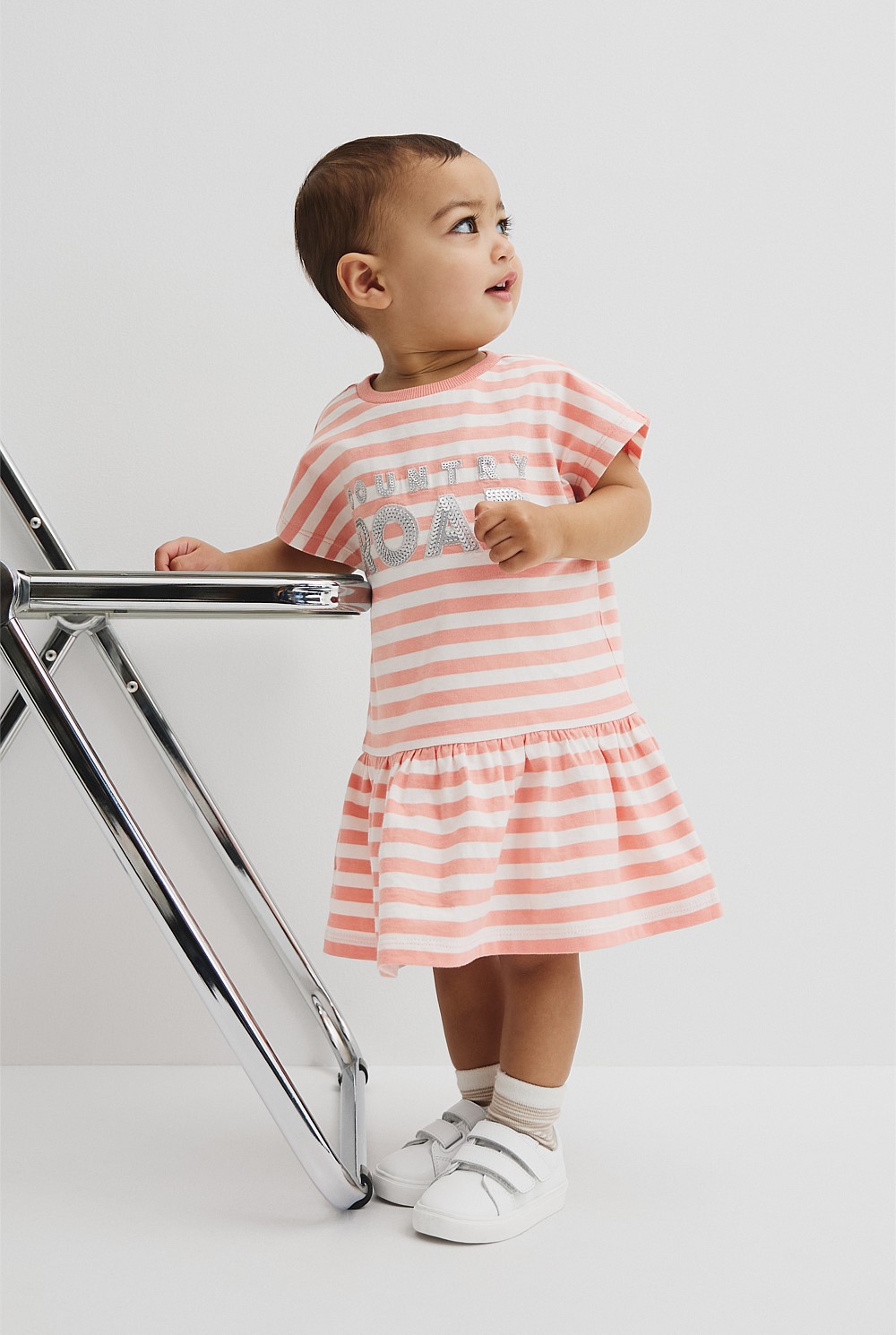 Peach Stripe Drop Waist Logo T-Shirt Dress - Dresses | Country Road Peach Stripe Drop Waist Logo T-Shirt Dress - Dresses | Country Road