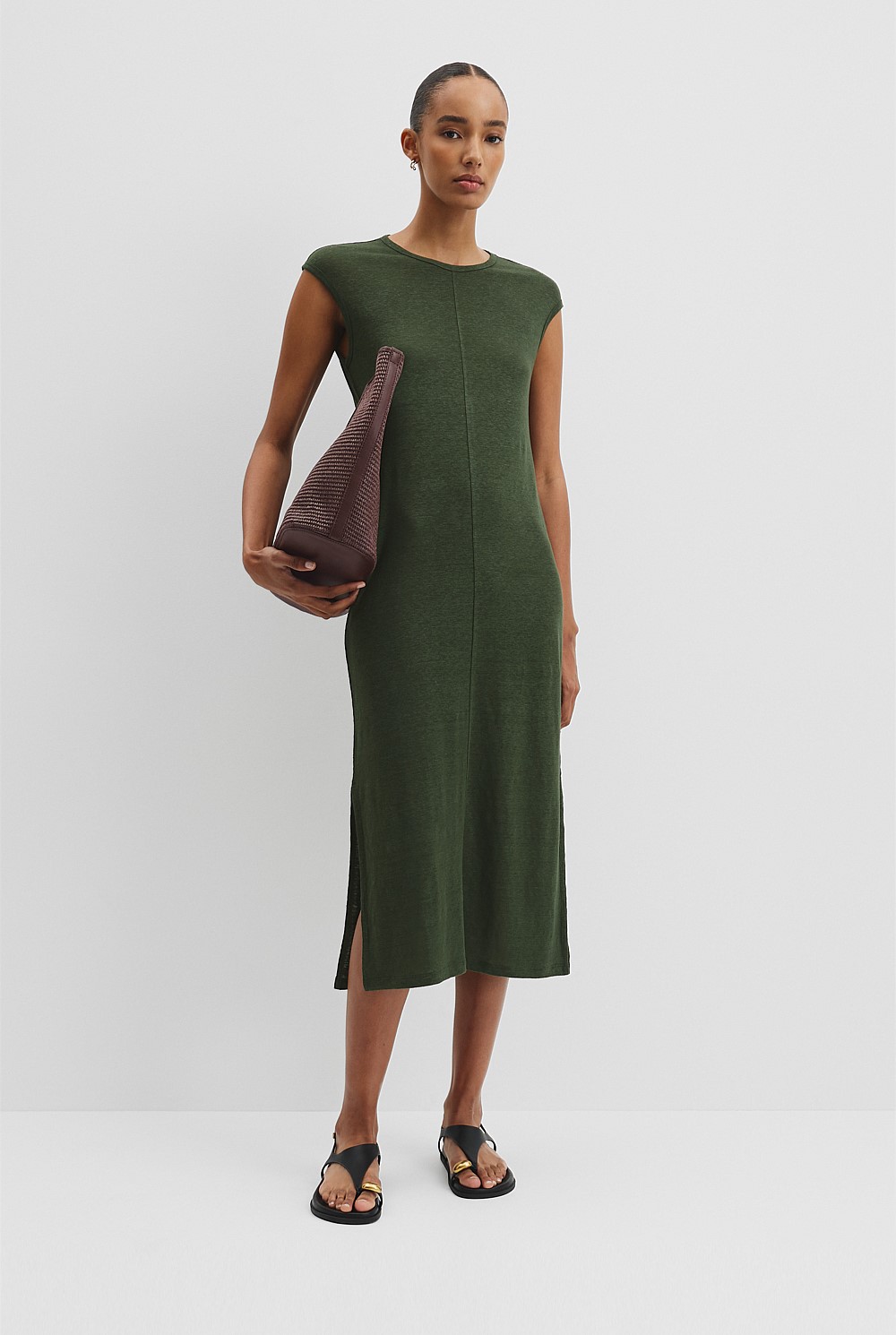 green linen dress nz Shop Alice V Neck Linen Dress (Moss Green Marle)