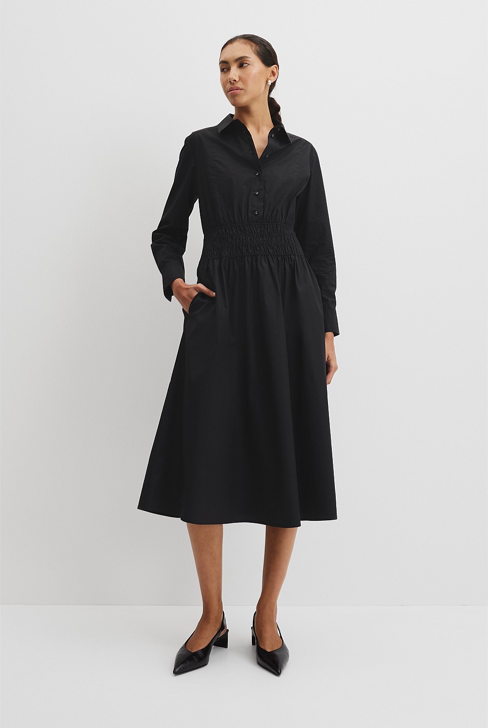 black shirt dress nz Cora Shirt Dress Flattering Lightweight Shirtdress in Black
