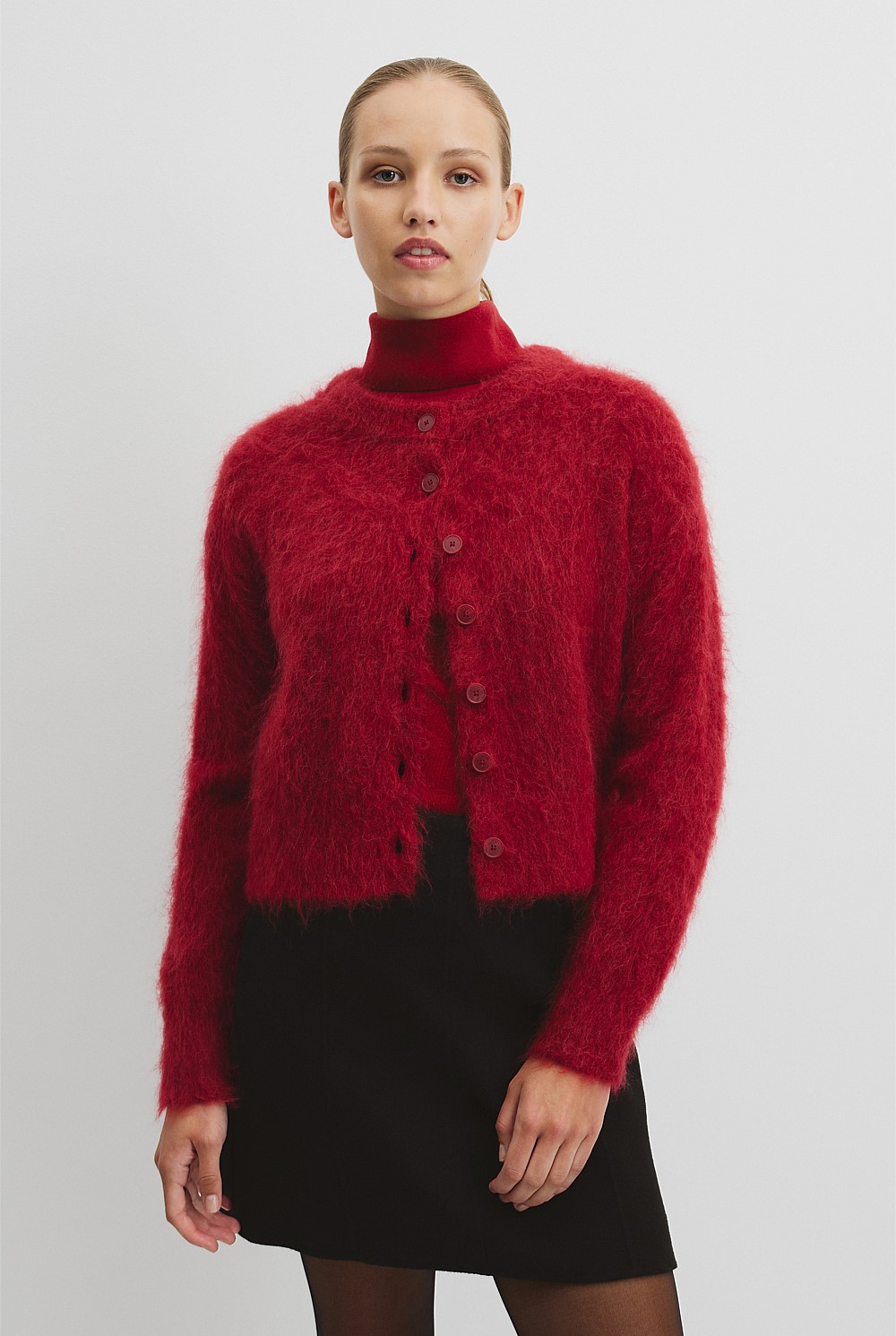 Deep Red Long Sleeve Fluffy Cardigan - Knitwear | Country Road