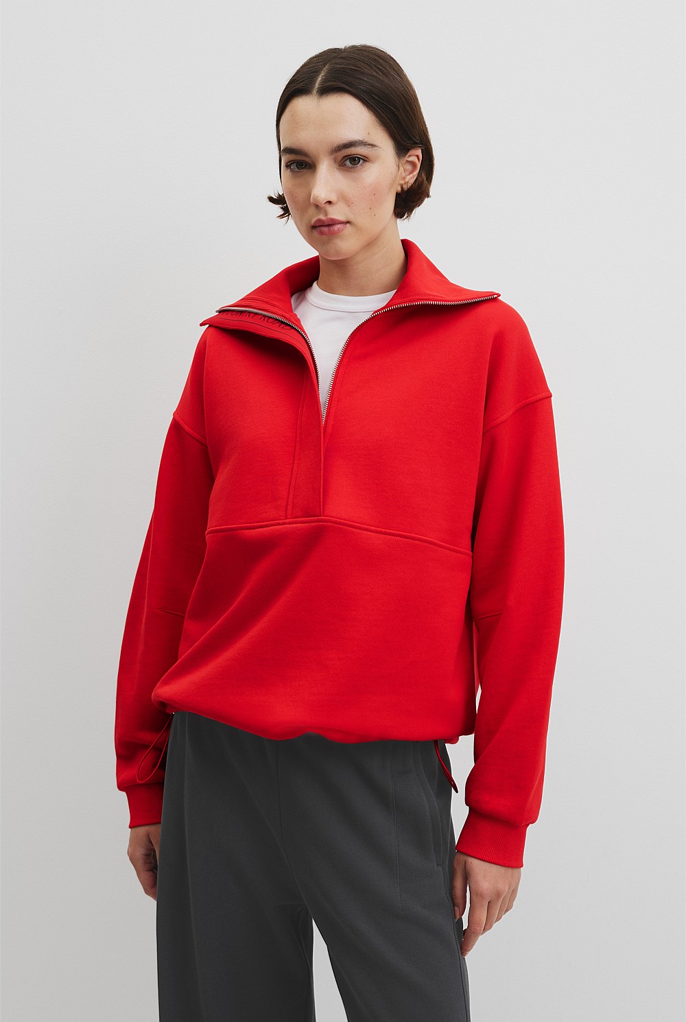 Vivid Cherry Australian Cotton Zip Neck Placket Sweat - Best