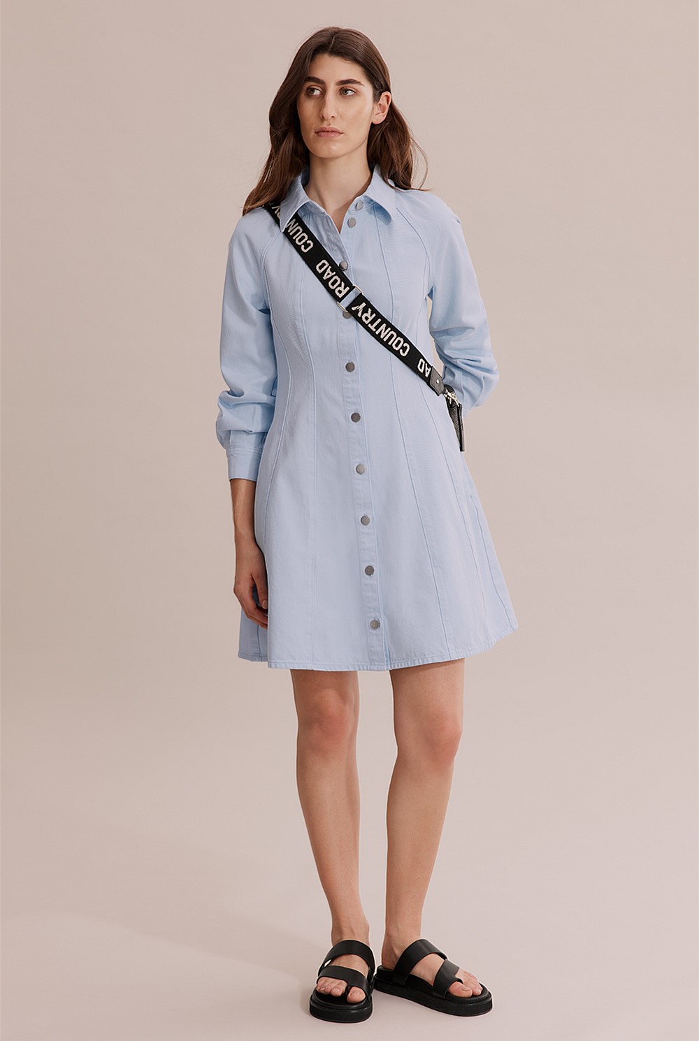 country road denim dress Pale Blue Cotton Panelled Mini - Australian Grown Sleeveless Print format: