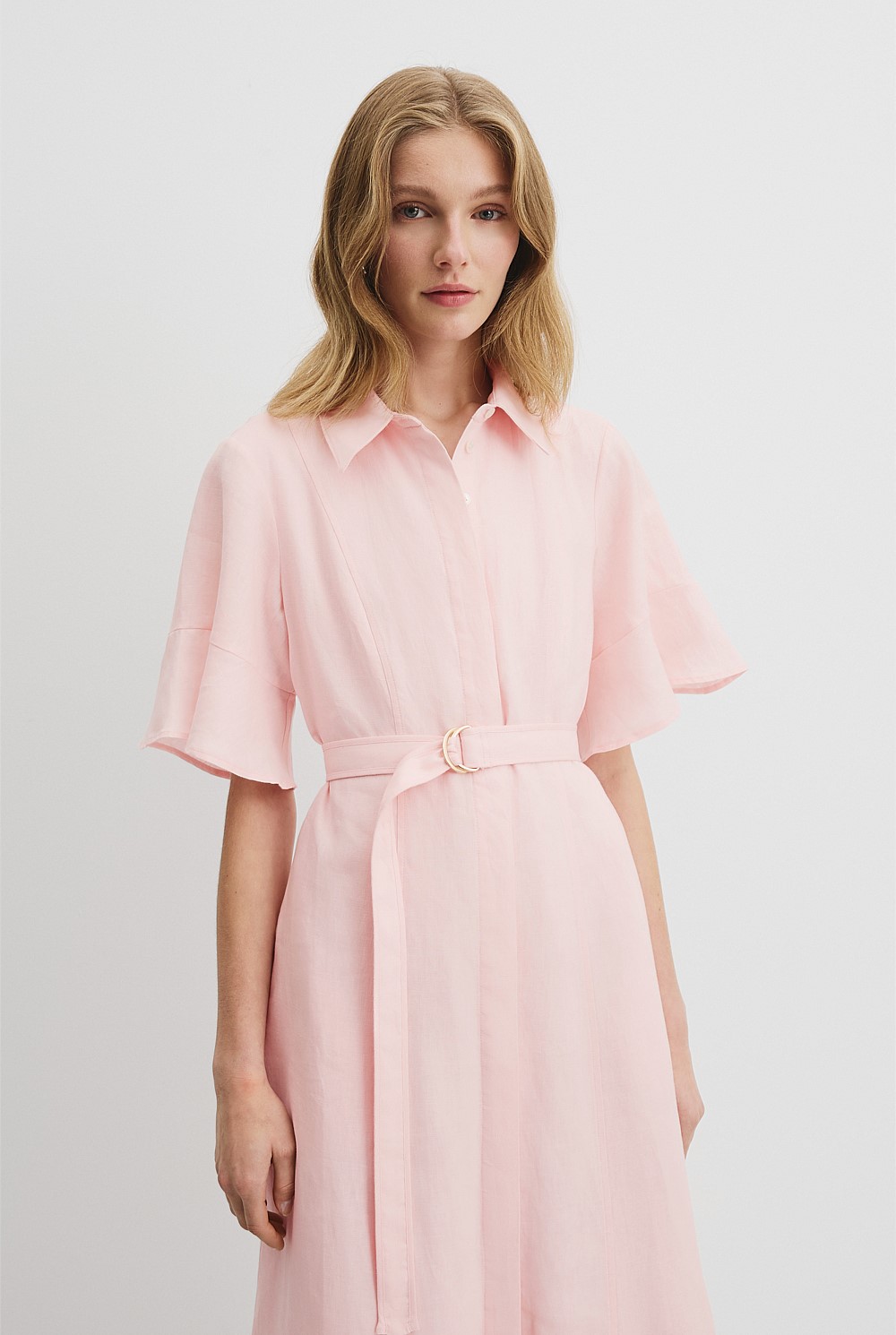 country road pink linen dress Ballet Pink Linen Ruffle Detail Shirt Dress - Holiday