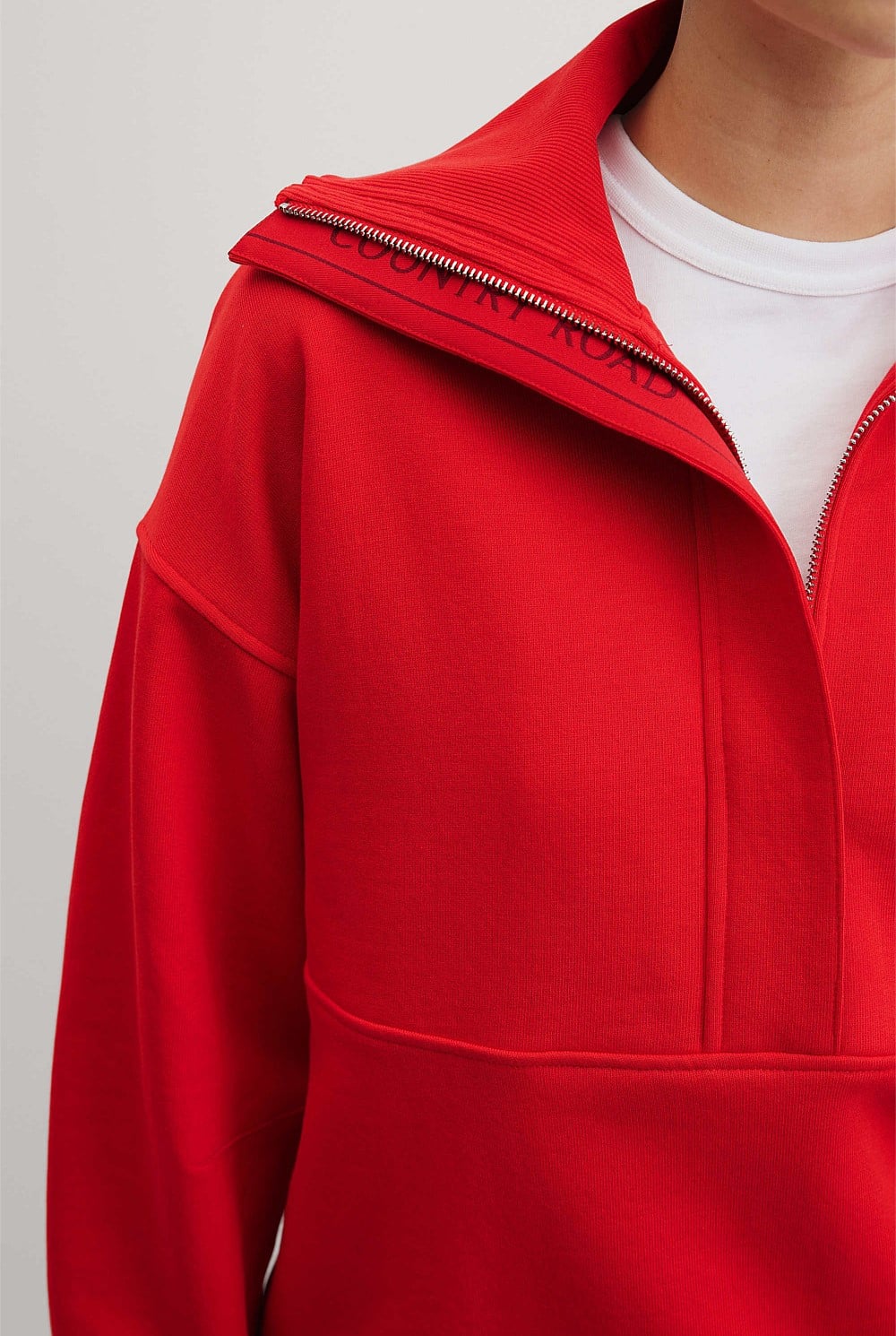 Vivid Cherry Australian Cotton Zip Neck Placket Sweat - Best