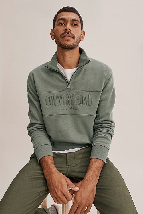 Moss Green Verified Australian Cotton Half Zip Heritage Sweat