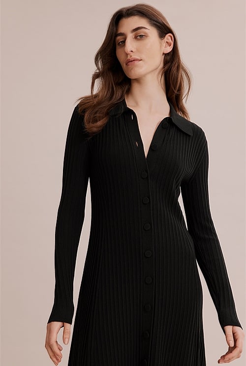 Black Long Sleeve Button Through Knit Dress Knitwear Country Road