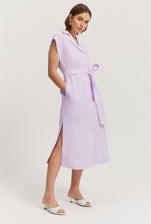 Lilac Organically Grown Linen Cap Sleeve Midi Dress Dresses Country Road