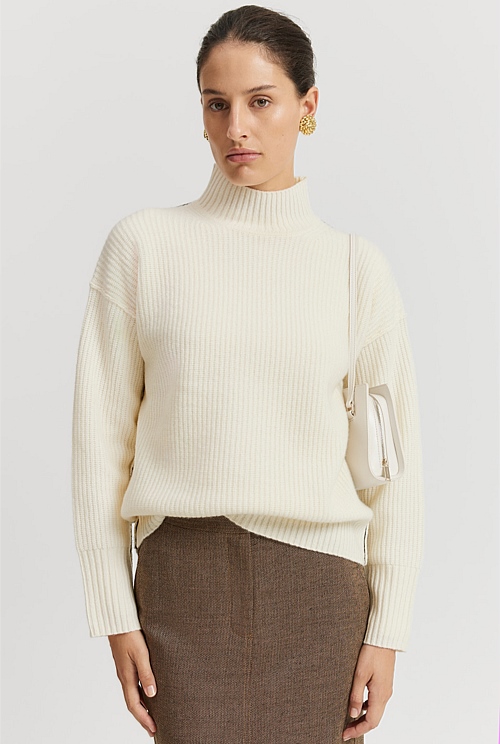 Cream Australian Merino Wool Funnel Neck Knit Natural Fibres Country Road