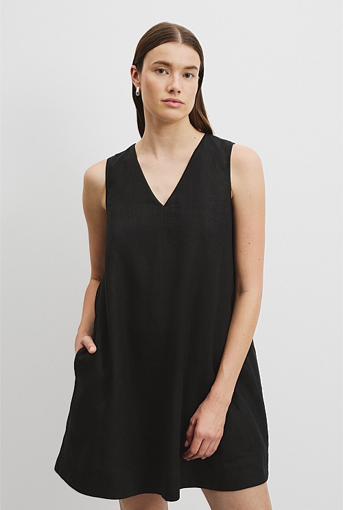 Black Organically Grown Linen A-Line Mini Dress - Holiday