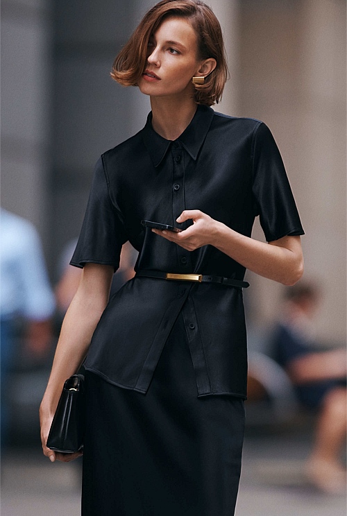 black satin short sleeve top